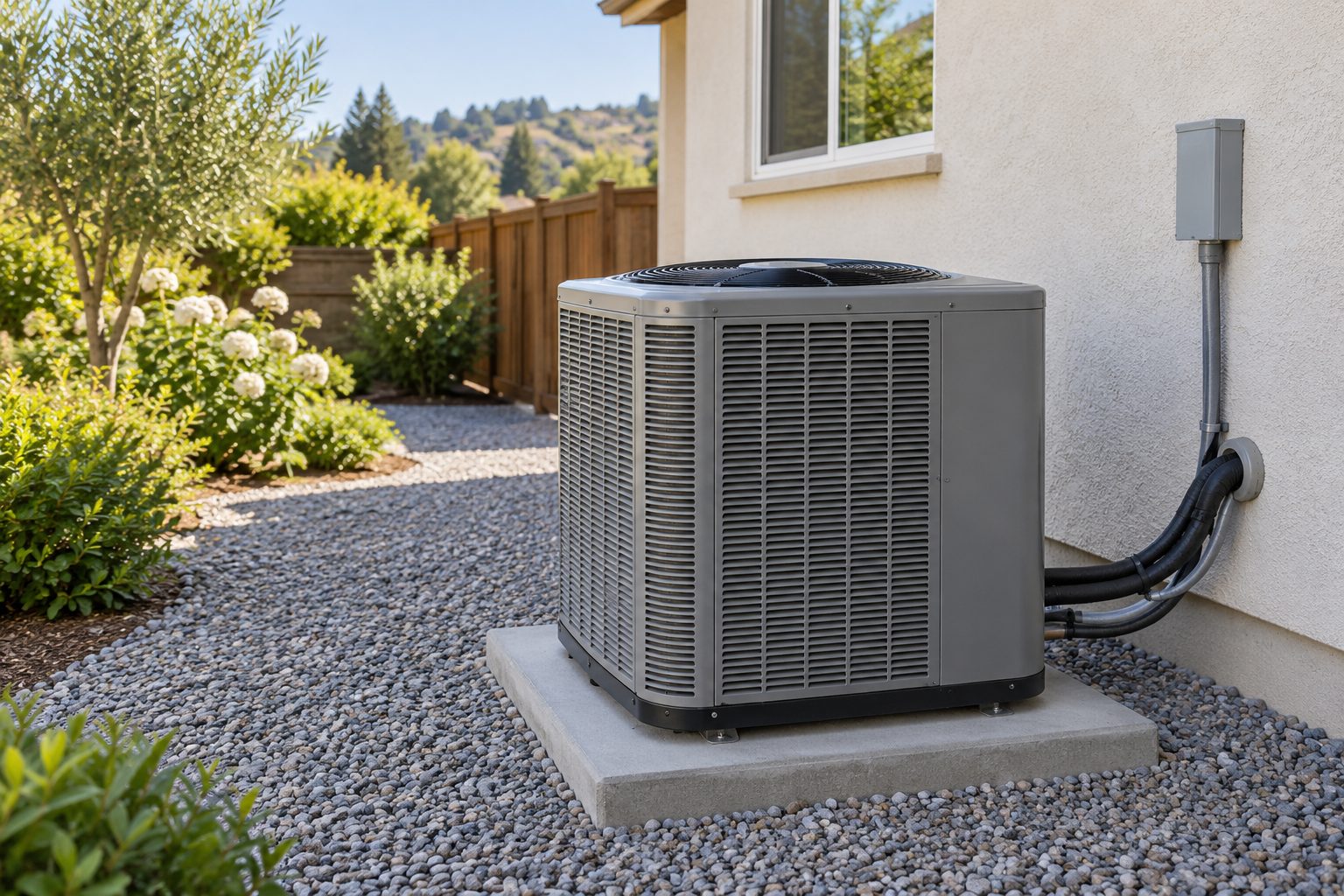 Residential central air-conditioning equipment installed beside a Rocklin-area home