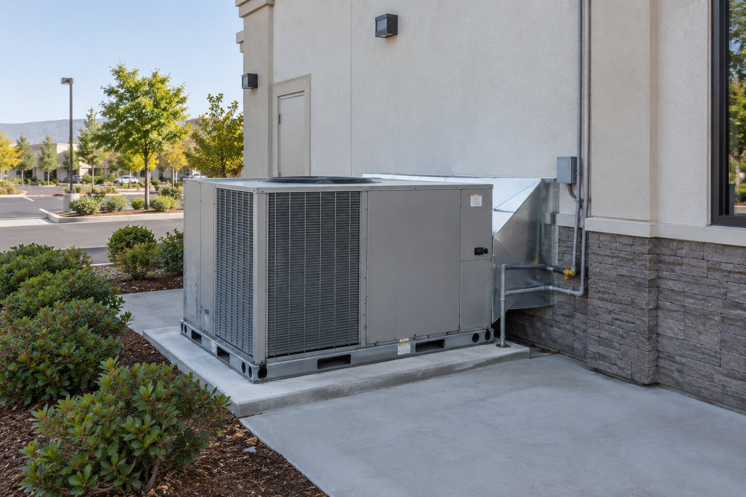 Ground-mounted commercial packaged HVAC unit beside a Northern California office building