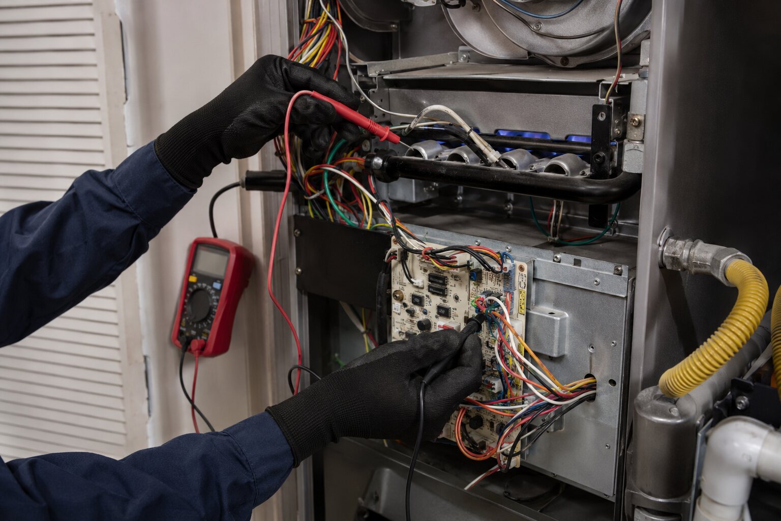 Technician checking residential furnace operation during heating maintenance