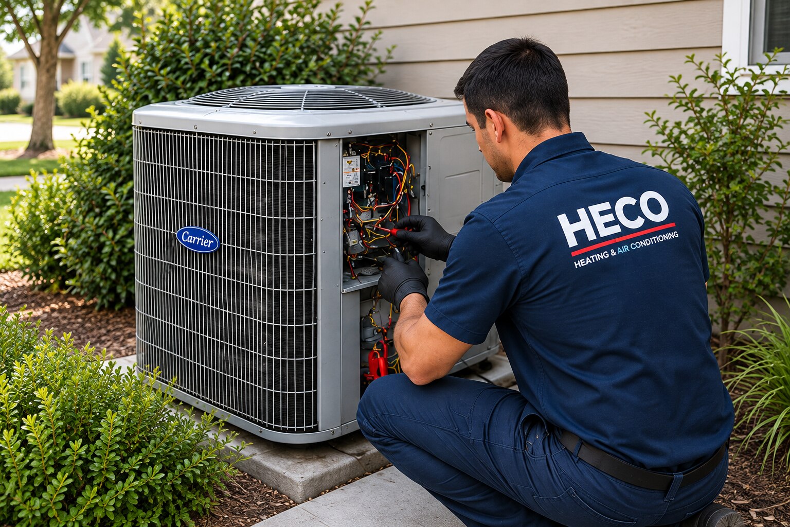 HECO technician servicing a residential outdoor air-conditioning unit