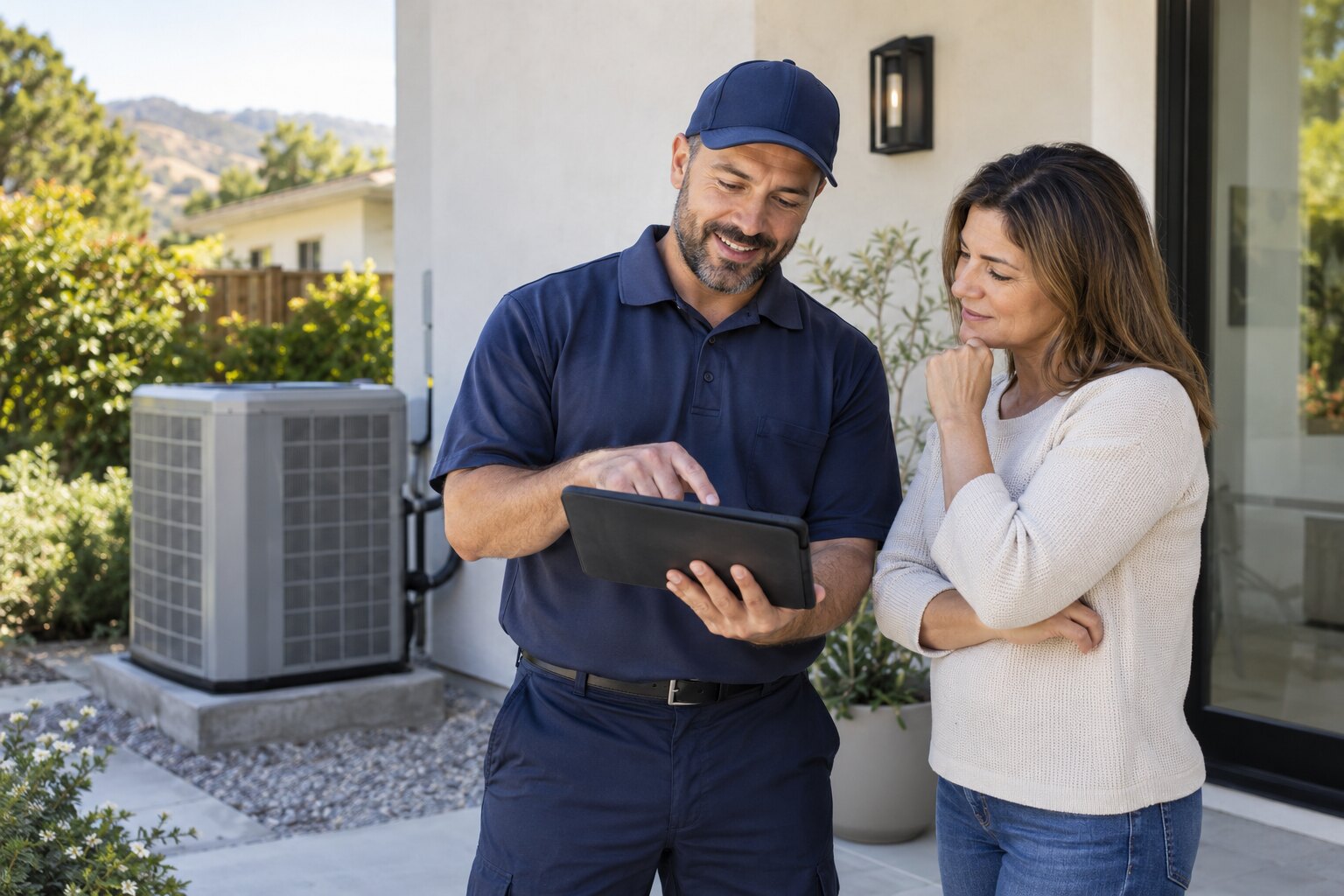 HVAC professional reviewing replacement options with a homeowner