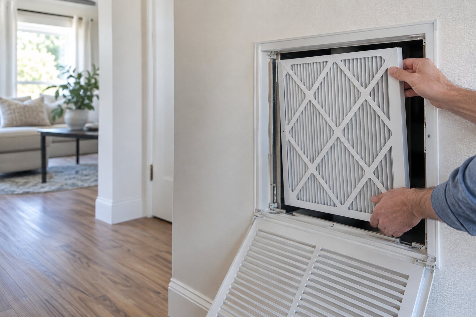 Clean pleated HVAC filter being installed in a residential return-air grille