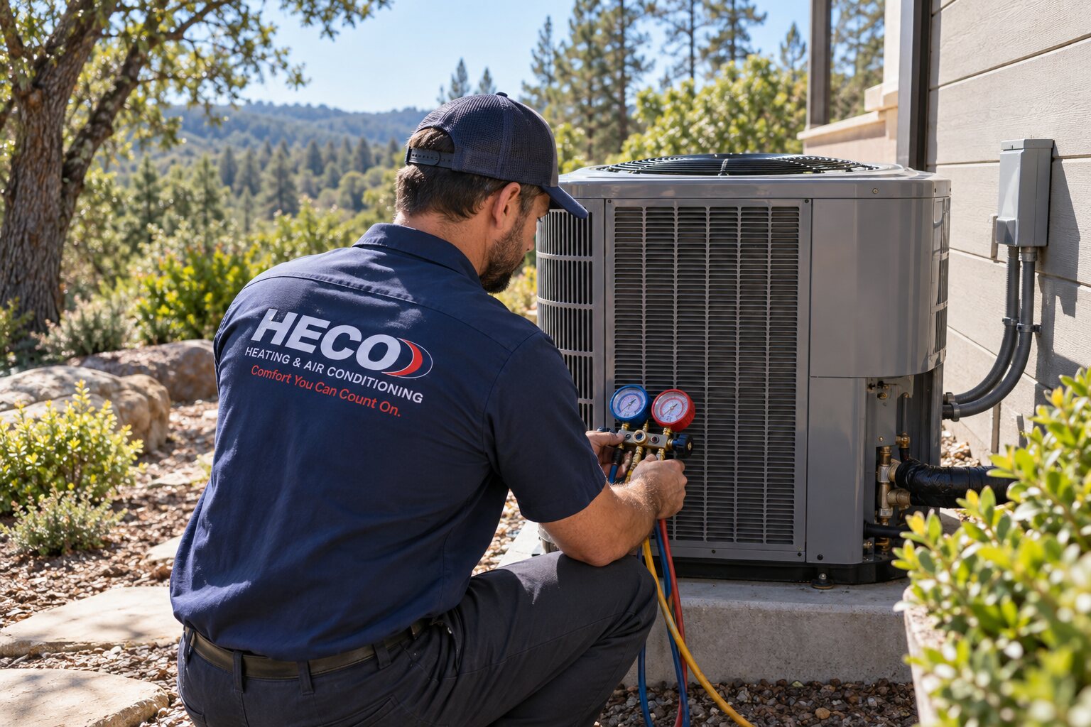 HECO HVAC technician servicing outdoor equipment for the El Dorado Hills area