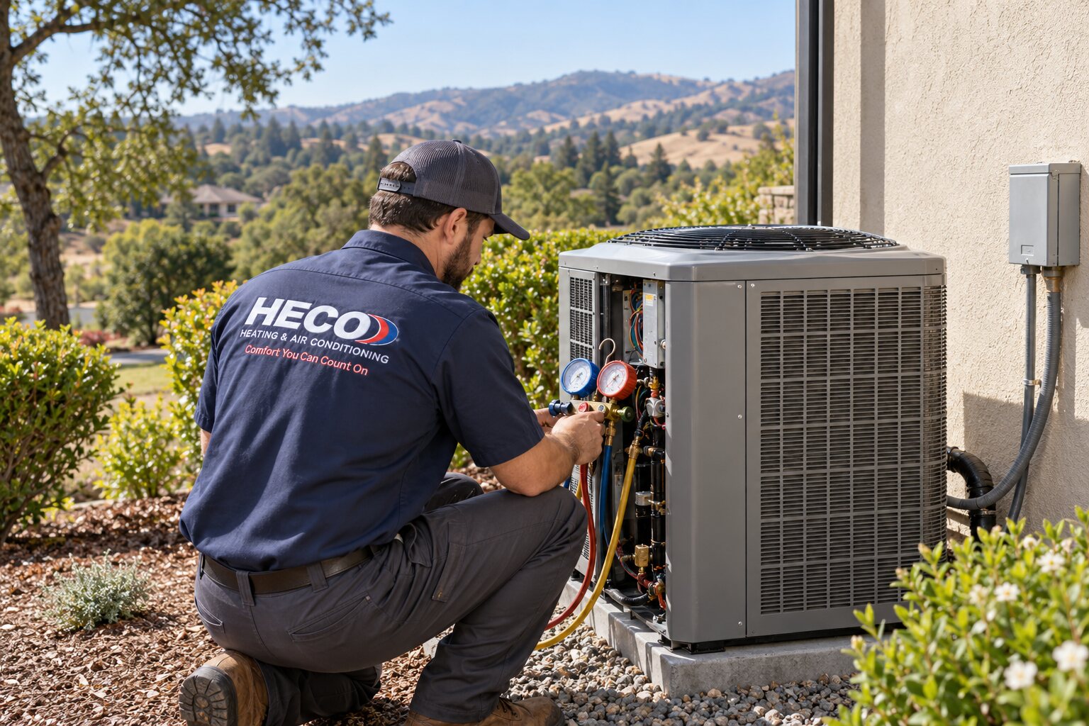 HECO HVAC technician servicing outdoor equipment for the Loomis area