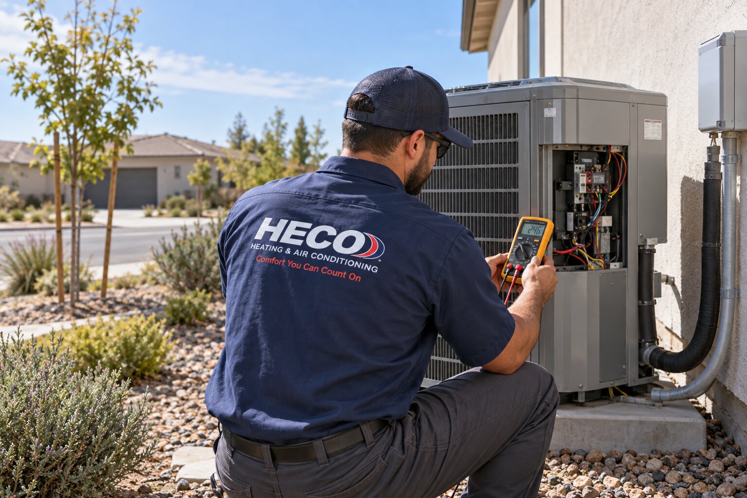 HECO HVAC technician servicing outdoor equipment for the El Macero area